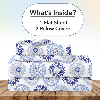 Dahlia Print Blue Bedsheet For King Size Bed