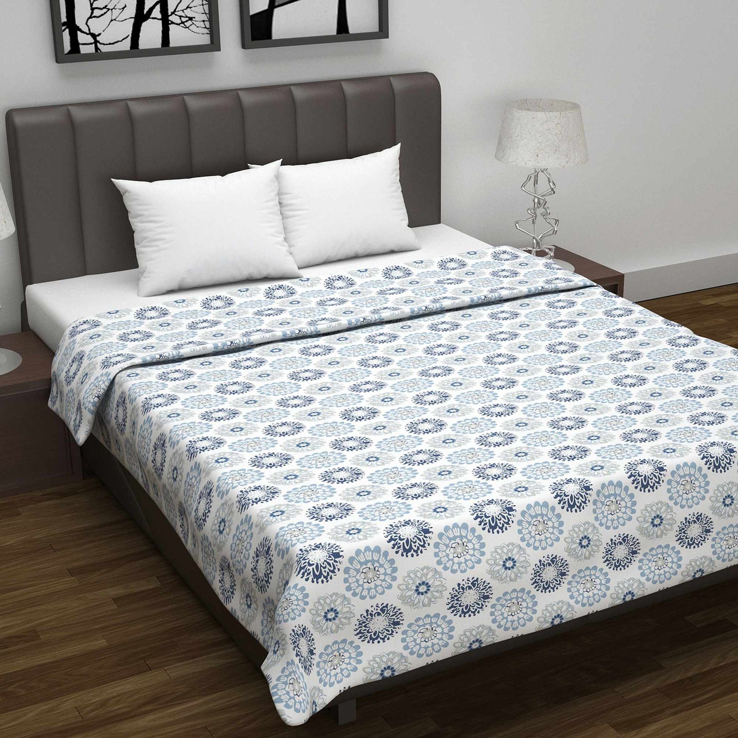 Blue and Grey Dahlia Floral Soft Silk Touch 144 TC 100% Cotton Dohar for Double Bed