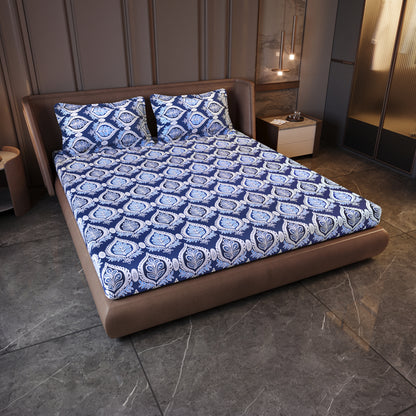 Damask Pattern Blue Bedsheet For King Size Bed