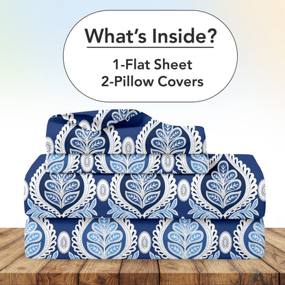 Damask Pattern Blue Bedsheet For King Size Bed