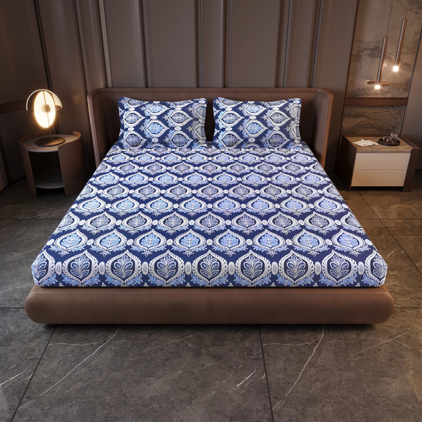 Damask Pattern Blue Bedsheet For King Size Bed