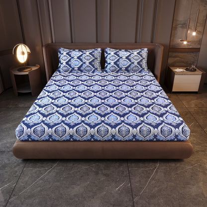 Damask Pattern Blue Bedsheet For King Size Bed