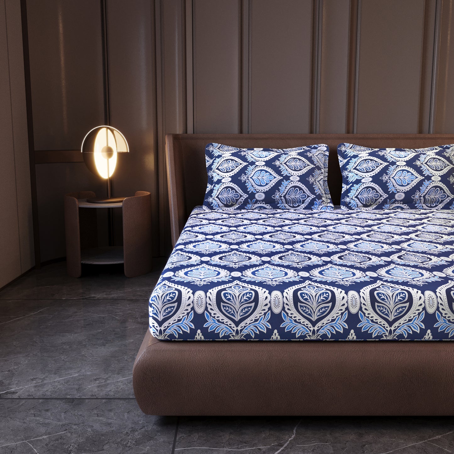 Damask Pattern Blue Bedsheet For King Size Bed