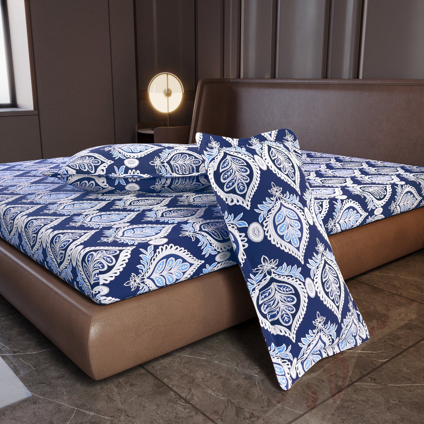 Damask Pattern Blue Bedsheet For King Size Bed