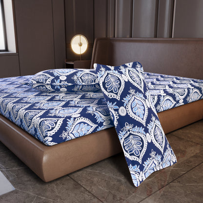 Damask Pattern Blue Bedsheet For King Size Bed