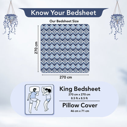 Damask Pattern Blue Bedsheet For King Size Bed
