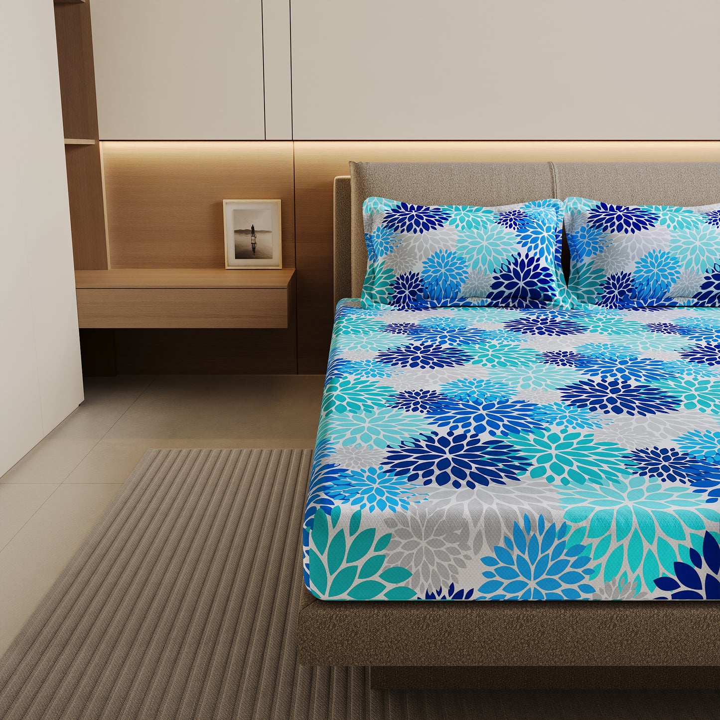 Silhouette leaves Sky Blue and Grey Bedsheet For Double Bed