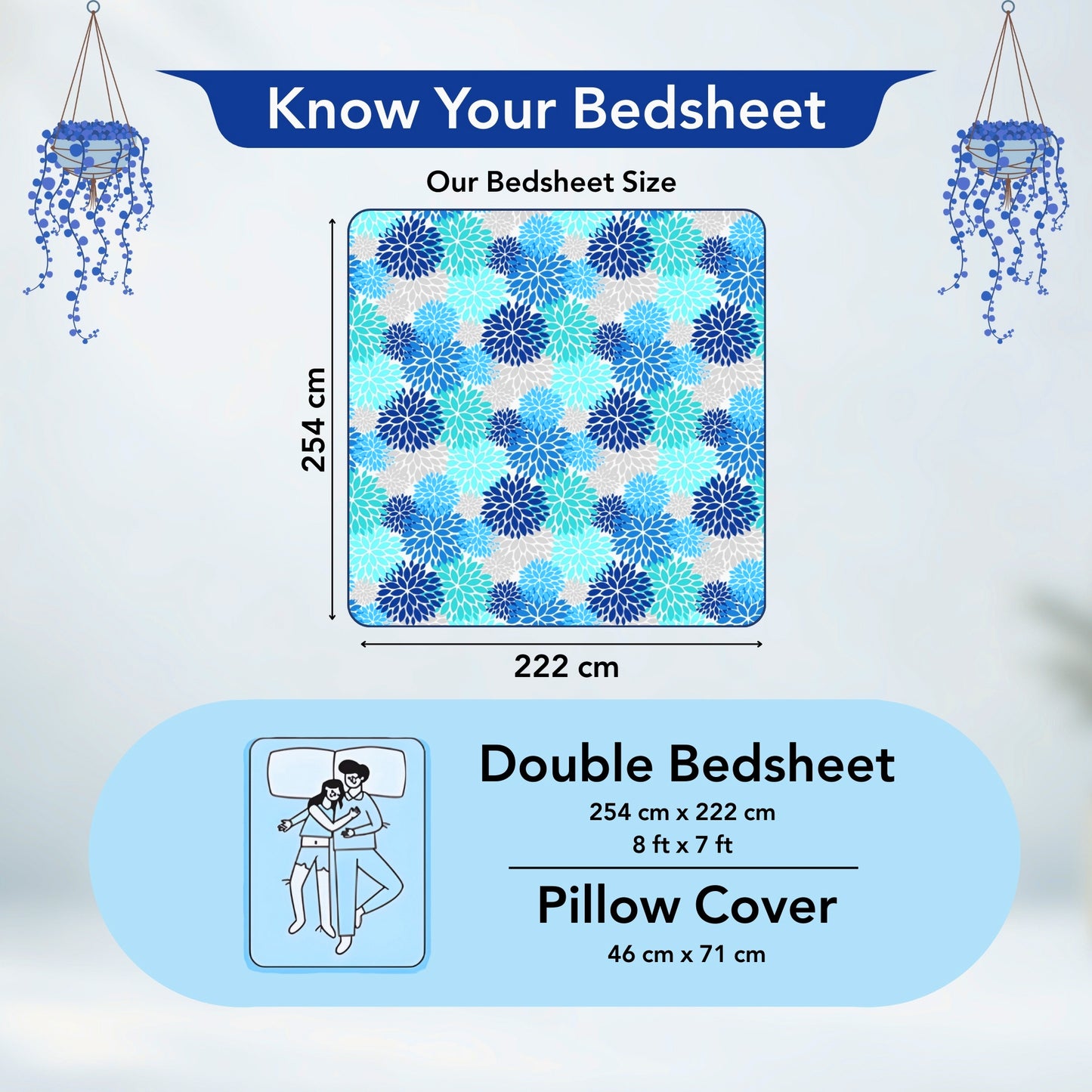 Silhouette leaves Sky Blue and Grey Bedsheet For Double Bed