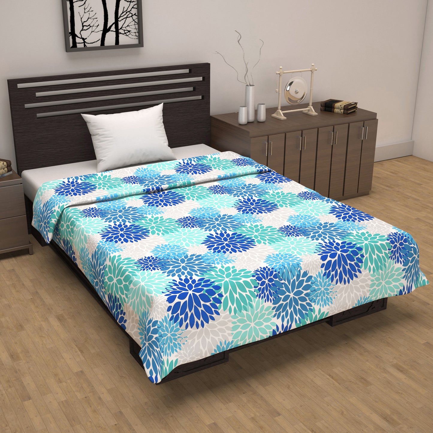 Navy Blue and Blue 120 GSM Cotton Floral Pattern Single Bed AC Blanket Dohar for All Season