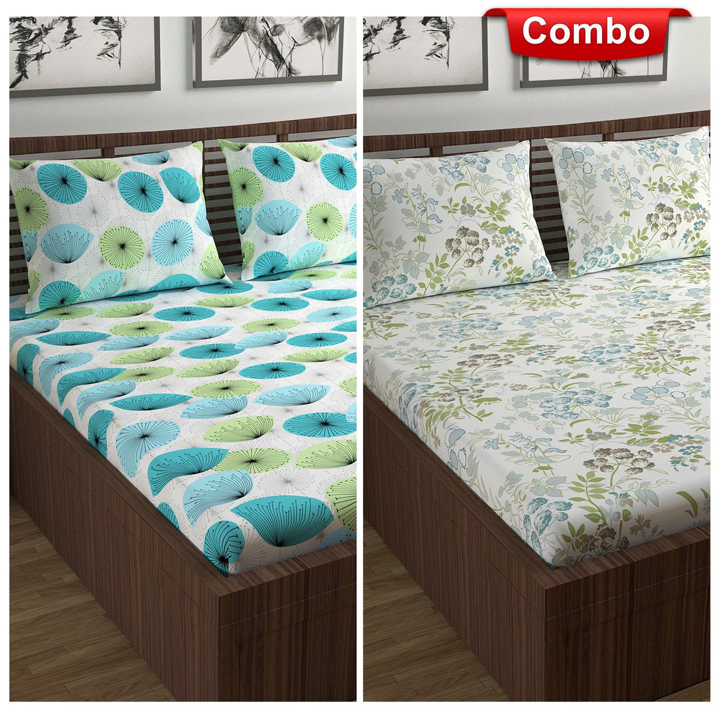 Green Floral Print Elastic Fitted Combo Bedsheet For Double Bed