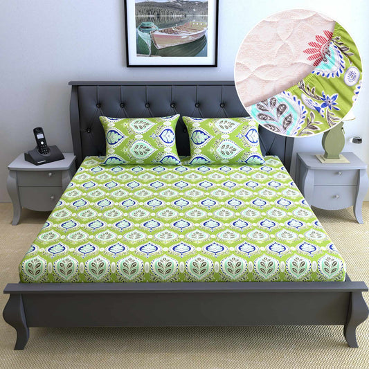 Green 144 TC 100% Cotton Floral Print Elastic Fitted Double Bed Bedsheet with 2 Pillow Covers  For Bedroom