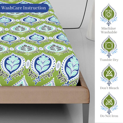 Palm Green Damask Motif Pattern 144 TC Cotton King Fitted Bedsheet