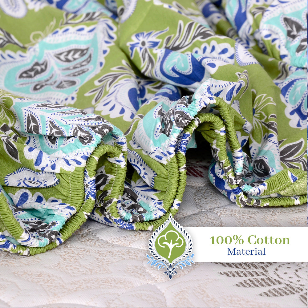 Palm Green Damask Motif Pattern 144 TC Cotton King Fitted Bedsheet