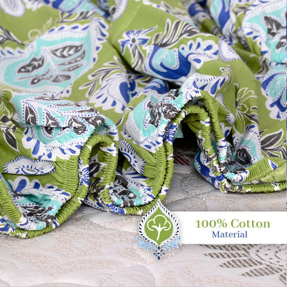 Palm Green Damask Motif Pattern 144 TC Cotton Single Fitted Bedsheet