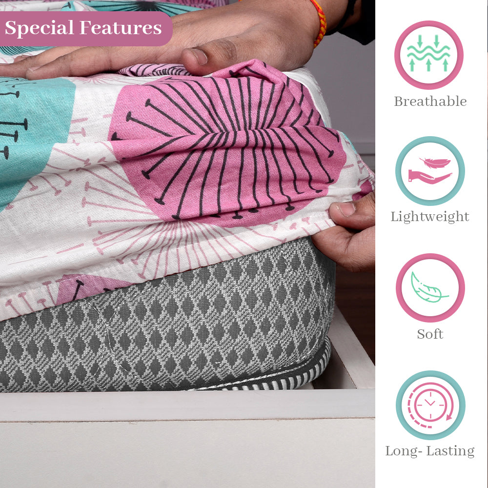 Rose Pink Floral Printed Elastic Fitted Double Bed Bedsheet