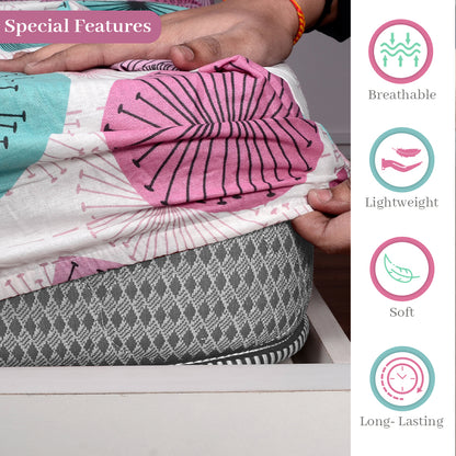 Rose Pink Floral Printed Elastic Fitted Double Bed Bedsheet