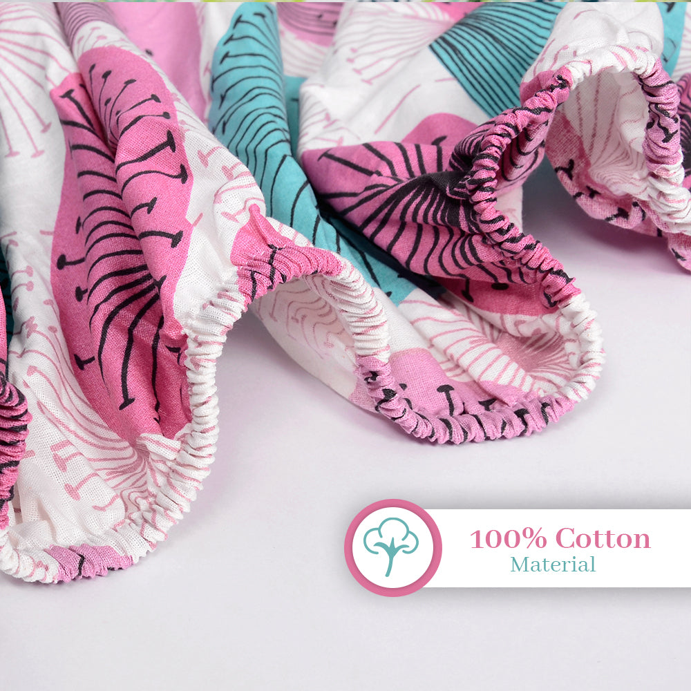 Rose Pink Floral Printed Elastic Fitted Double Bed Bedsheet