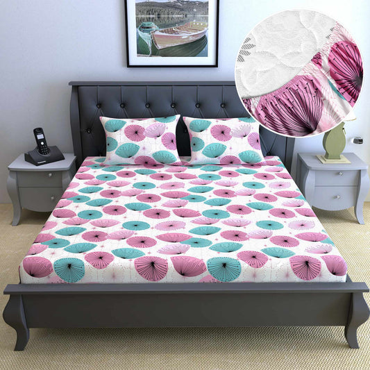 Opal Floral Printed Elastic Fitted Double Bed Bedsheet with 2 Pillow Cover(150 X 200 + 25 cm, Prism Pink)