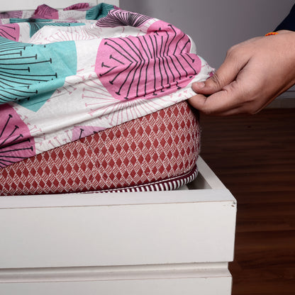 Rose Pink Floral Printed Elastic Fitted Bedsheet For Single Bed