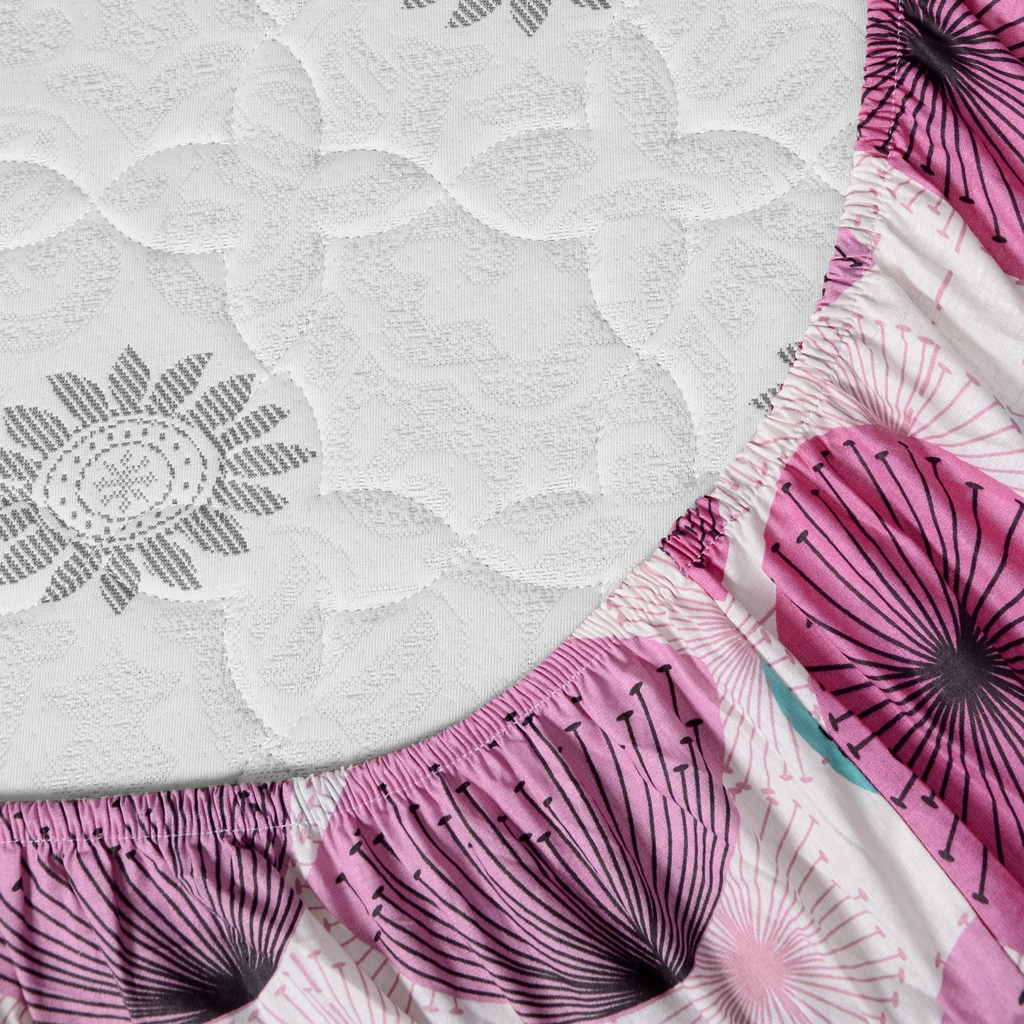 Rose Pink Floral Printed Elastic Fitted Bedsheet For Single Bed