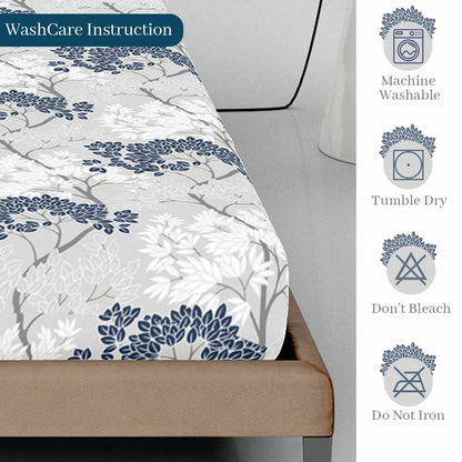 Grey and Blue 100% Cotton Floral Print Double Bed Fitted Bedsheet