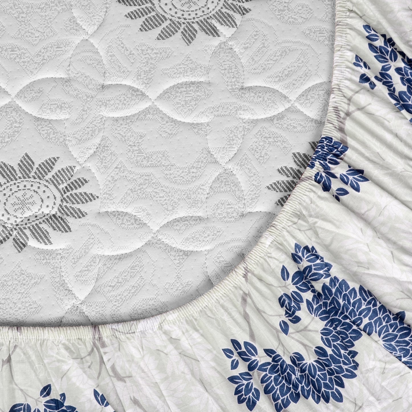 Grey Blue Tree Leaf Elastic Fitted Bedsheet For King Bed