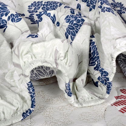 Grey Blue Tree Leaf Elastic Fitted Bedsheet For Single Bed