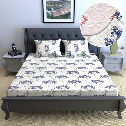 Grey and Blue 100% Cotton Floral Print Double Bed Fitted Bedsheet