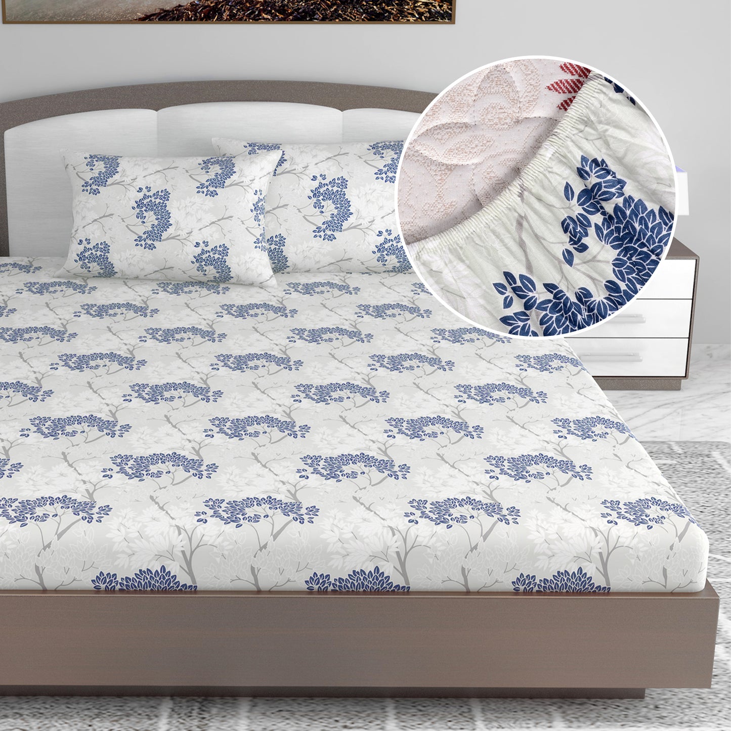 Grey Autumn Tree Leaf Elastic Fitted Bedsheet For King Bed