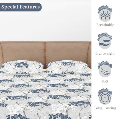 Grey Blue Tree Leaf Elastic Fitted Bedsheet For King Bed