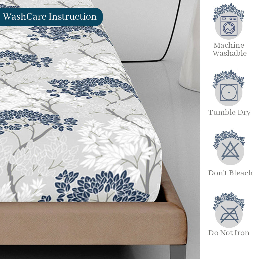 Grey Blue Tree Leaf Elastic Fitted Bedsheet For Single Bed