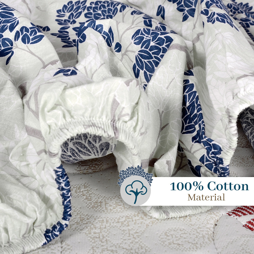 Grey Blue Tree Leaf Elastic Fitted Bedsheet For King Bed