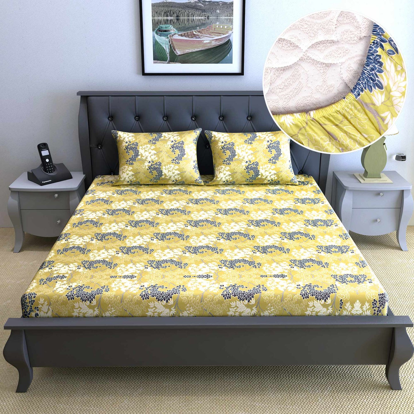 Cream and Grey 144 TC 100% Cotton Floral Print Elastic Fitted Double Bed Bedsheet with 2 Pillow Covers  For Bedroom
