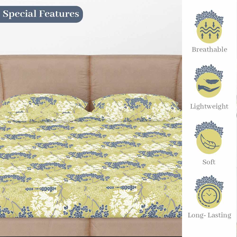 Cream and Grey 144 TC 100% Cotton Floral Print Elastic Fitted Double Bed Bedsheet with 2 Pillow Covers  For Bedroom