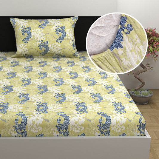 Green and Grey 144 TC 100% Cotton Floral Print Elastic Fitted Single Bed Bedsheet with 2 Pillow Covers  For Bedroom