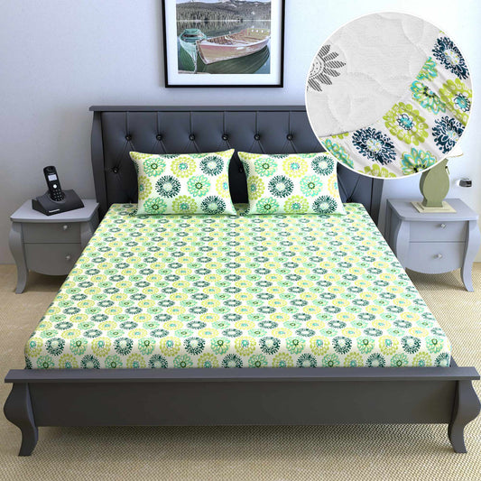 Paradise Floral Printed Elastic Fitted Double Bed Bedsheet with 2 Pillow Cover(150 X 200 + 25 cm, Celery)
