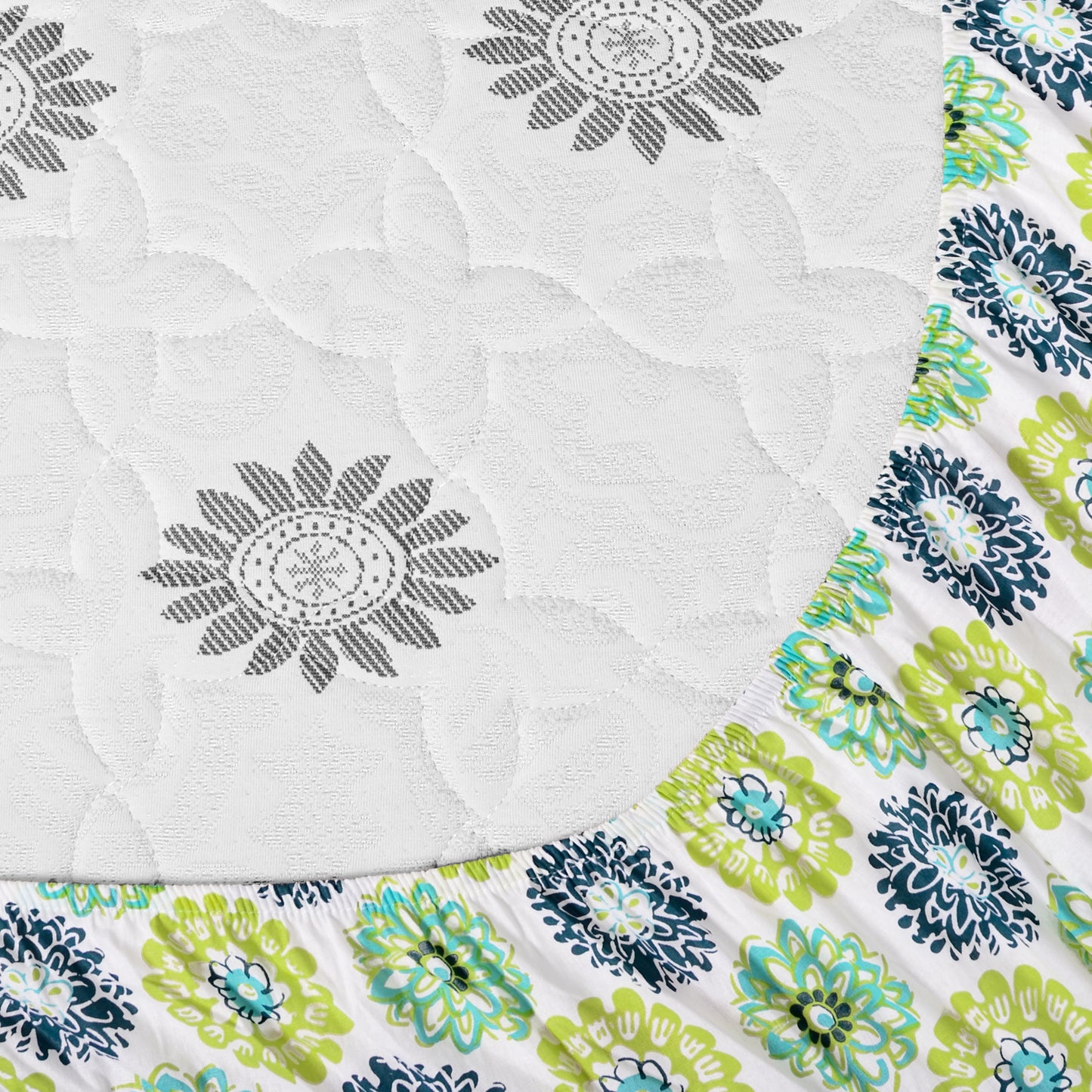 Green Blue Floral Printed Elastic Fitted Double Bed Bedsheet