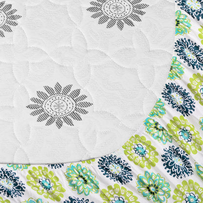 Green Blue Floral Printed Elastic Fitted Double Bed Bedsheet