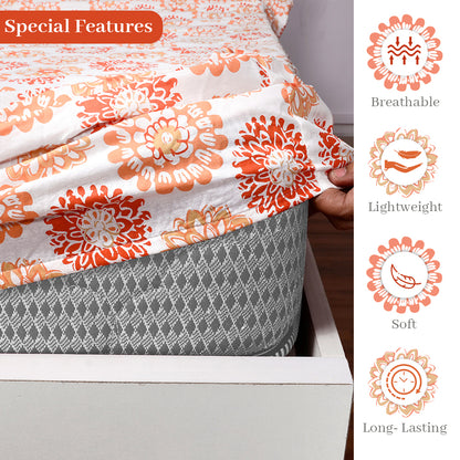 Red Orange Floral Printed Elastic Fitted Double Bed Bedsheet