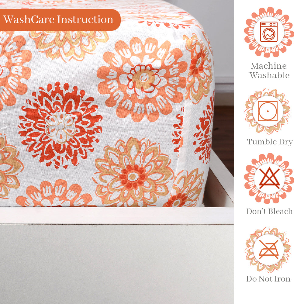 Red Orange Floral Printed Elastic Fitted King Bed Bedsheet