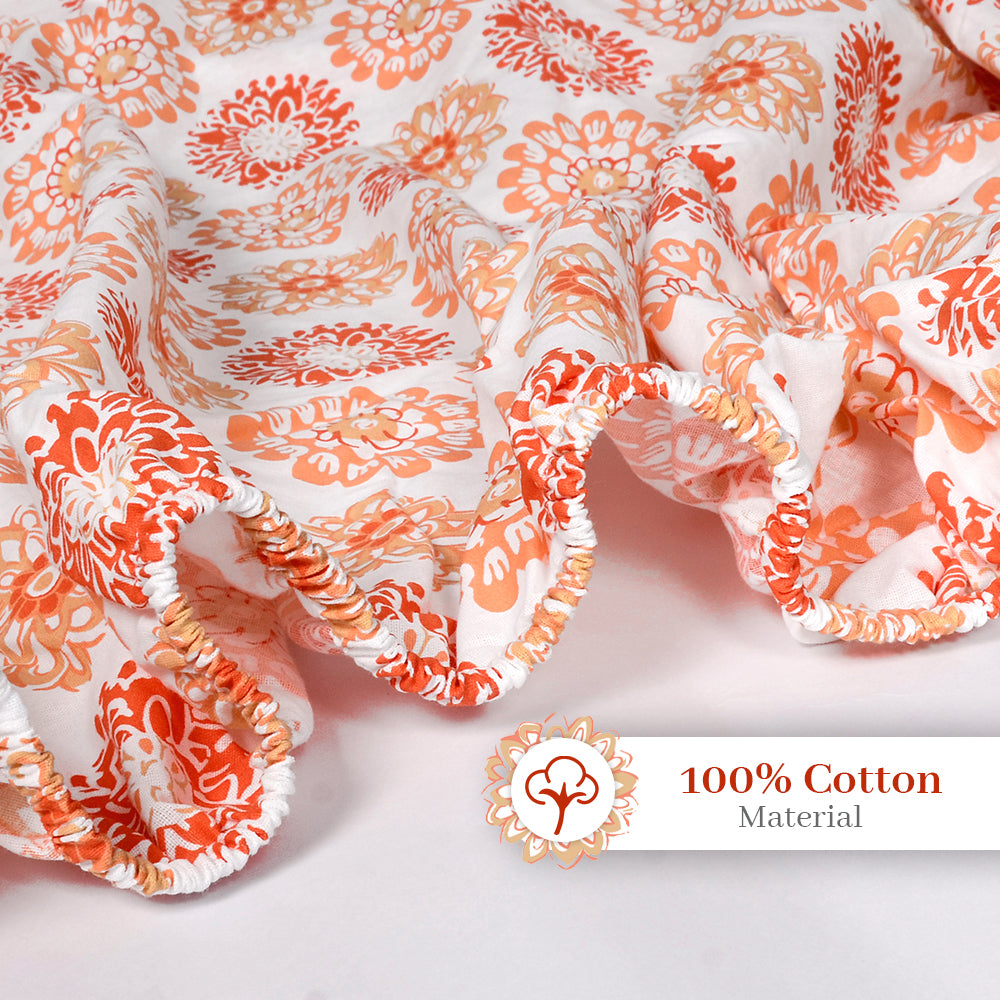 Red Orange Floral Printed Elastic Fitted Bedsheet For Single Bed