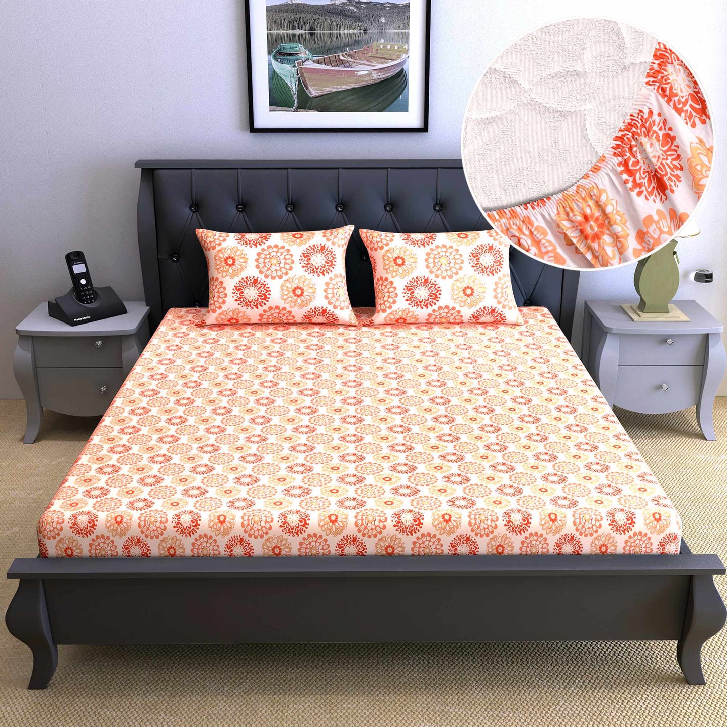 Summer Dahlia Floral Printed Elastic Fitted Double Bed Bedsheet