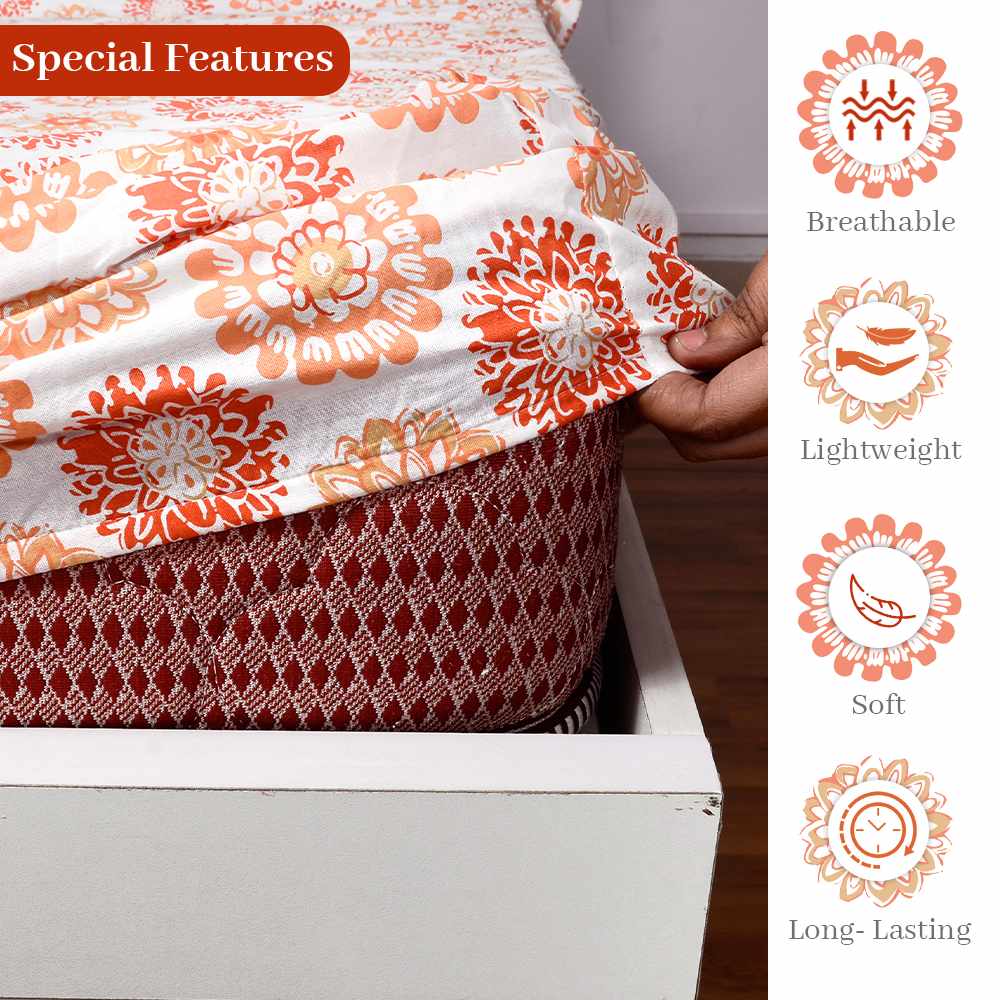 Summer Dahlia Floral Printed Elastic Fitted Double Bed Bedsheet