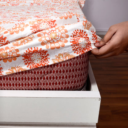 Red Orange Floral Printed Elastic Fitted Double Bed Bedsheet