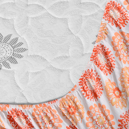 Red Orange Floral Printed Elastic Fitted Bedsheet For Single Bed