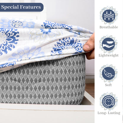 Blue Grey Floral Elastic Fitted Bedsheet for Double Bed