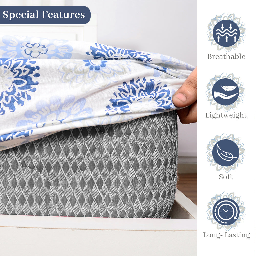 Blue Grey Floral Elastic Fitted Bedsheet for Single Bed