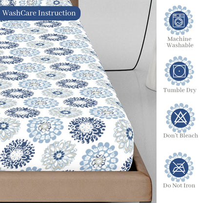 Blue Grey Floral Elastic Fitted Bedsheet for King Bed