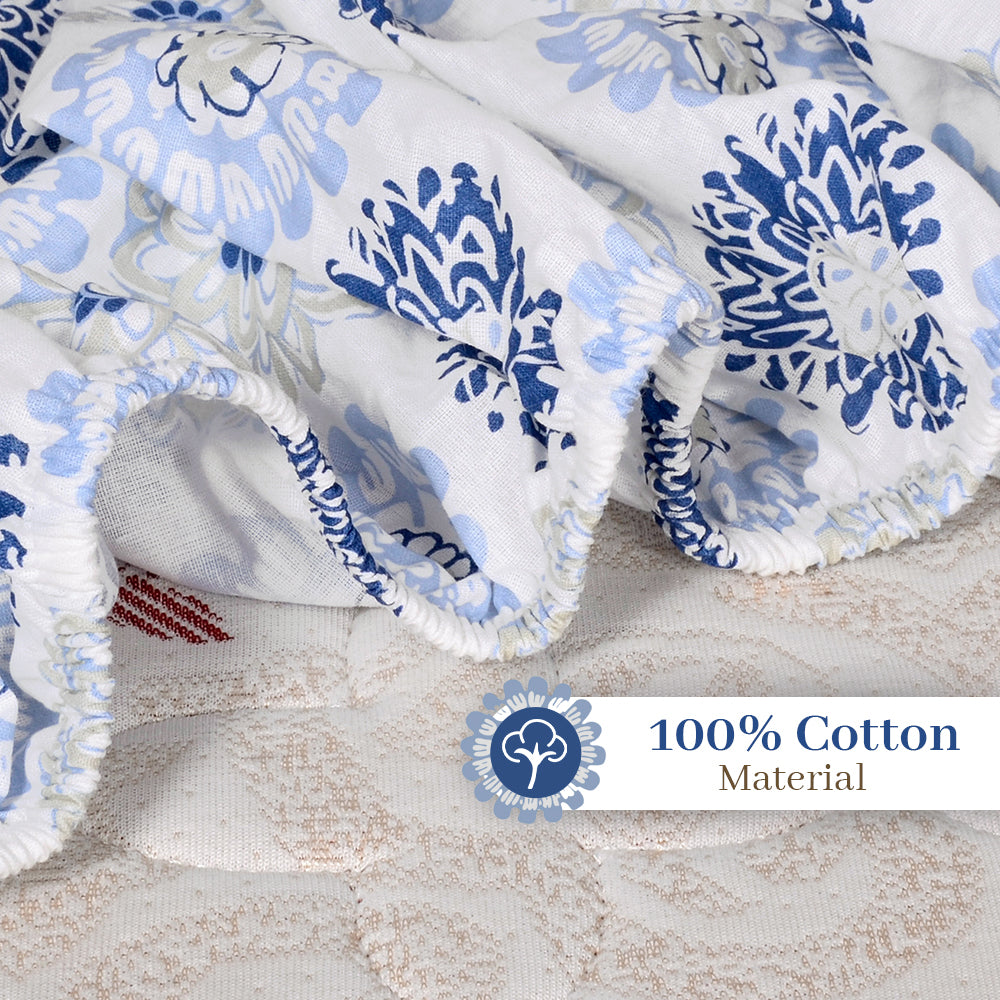 Blue Grey Floral Elastic Fitted Bedsheet for Single Bed