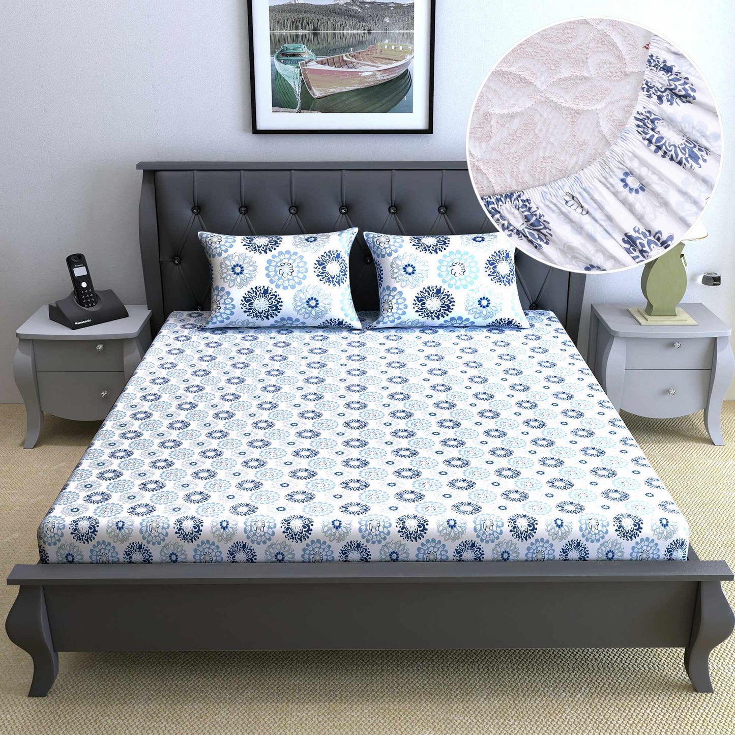 Blue and Grey  144 TC 100% Cotton Floral Print Elastic Fitted Double Bed Bedsheet with 2 Pillow Covers  For Bedroom